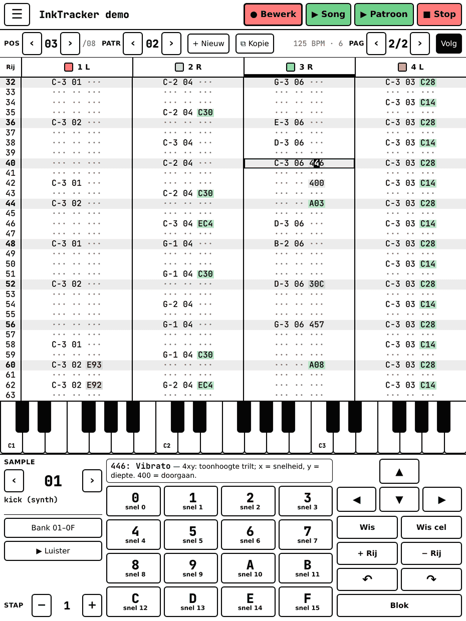 InkTracker in bewerkmodus met piano en een hex-toetsenblok dat de betekenis van elke waarde toont